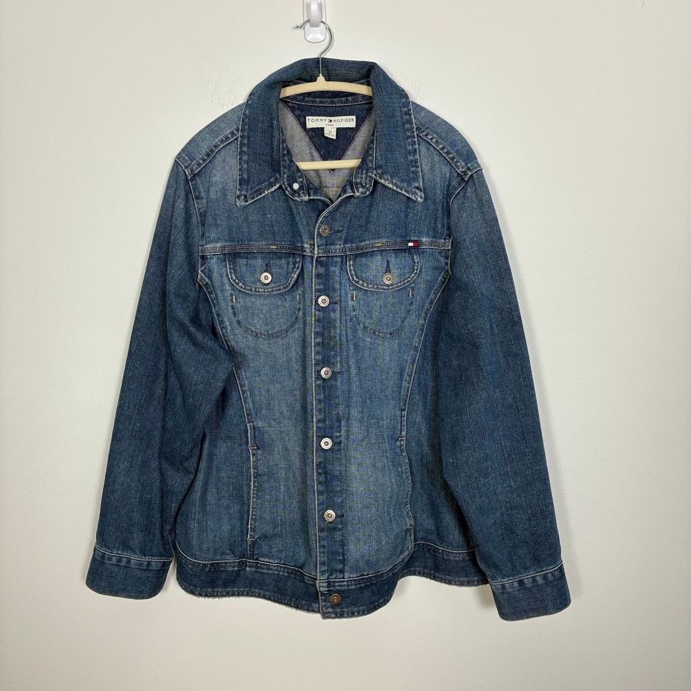 Tommy Hilfiger Denim Trucker Jacket Women's 2X Cotton Y2K Retro Minimalist Fall - Picture 1 of 8